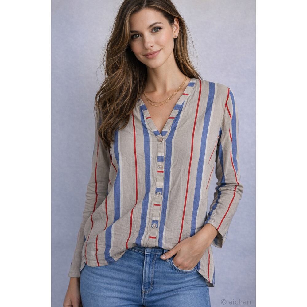 HANRO Women's Striped Button Front Blouse M Blue Red Beige Long Sleeve Top